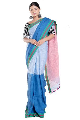blue linen saree with contrasting border and pallu