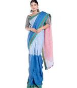 blue linen saree with contrasting border and pallu