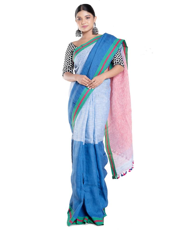blue linen saree with contrasting border and pallu