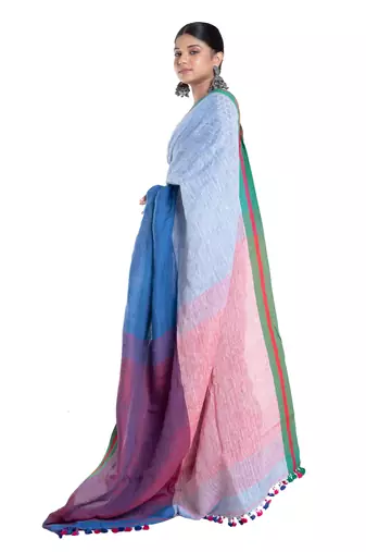 blue linen saree with contrasting border and pallu