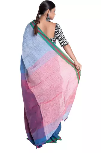 blue linen saree with contrasting border and pallu