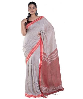 grey handloom linen saree with red border and pallu 1
