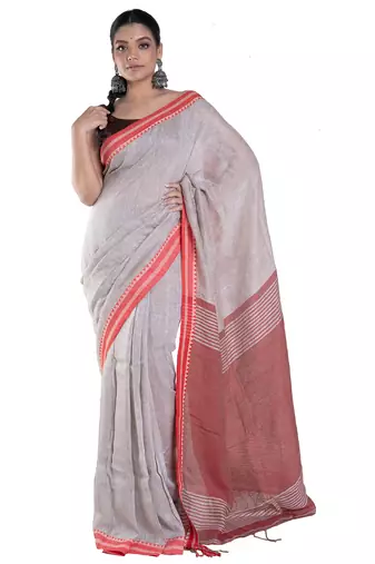 grey handloom linen saree with red border and pallu