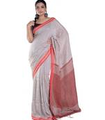 grey handloom linen saree with red border and pallu