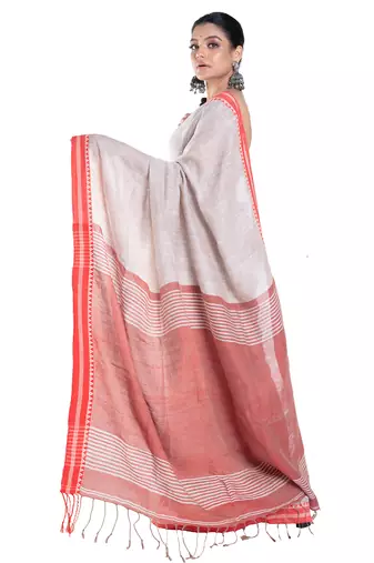grey handloom linen saree with red border and pallu