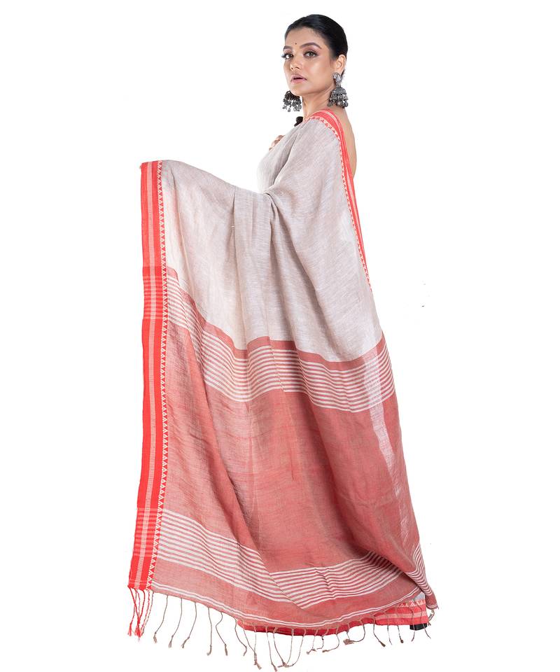grey handloom linen saree with red border and pallu