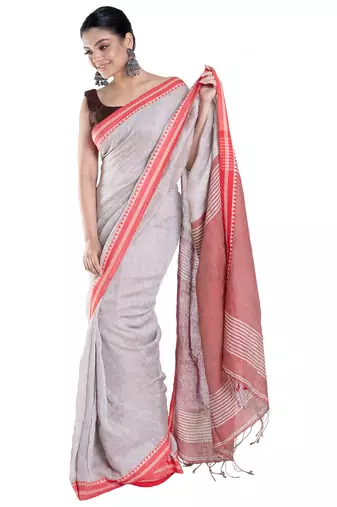 grey handloom linen saree with red border and pallu
