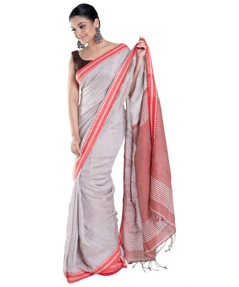 grey handloom linen saree with red border and pallu