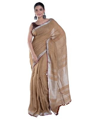 gold dust handloom linen saree with zari border 1