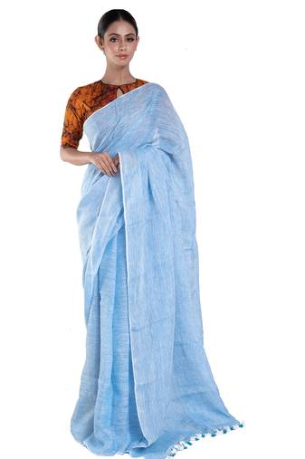 baby blue handloom linen saree with zari border and pallu