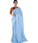 baby blue handloom linen saree with zari border and pallu