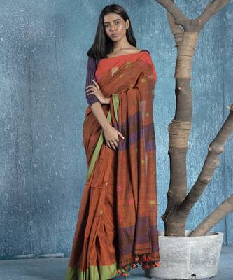 rust  handloom cotton saree with green border 1