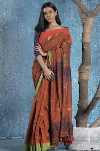 rust pure handloom cotton saree with green border