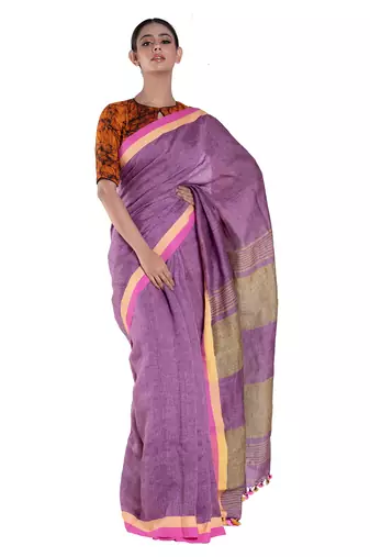 sangria maroon handloom linen saree with woven border and pallu