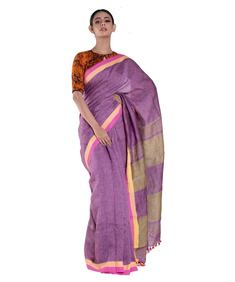 sangria maroon handloom linen saree with woven border and pallu