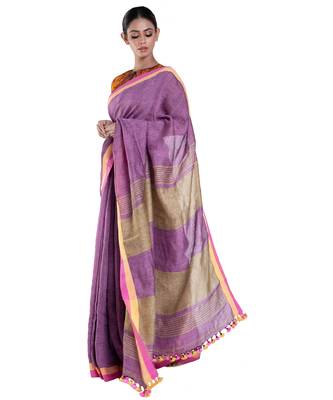 sangria maroon handloom linen saree with woven border and pallu 2