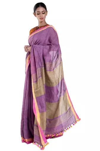 sangria maroon handloom linen saree with woven border and pallu