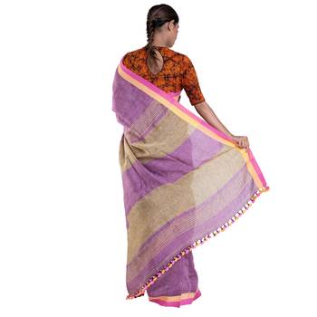 sangria maroon handloom linen saree with woven border and pallu 3