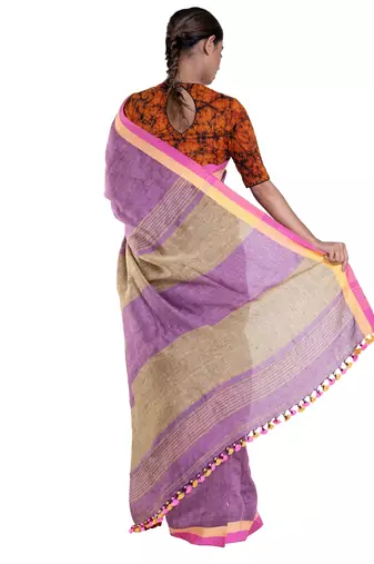 sangria maroon handloom linen saree with woven border and pallu