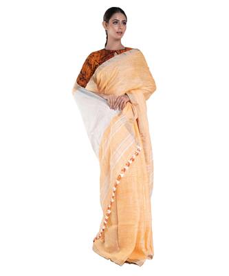 fire yellow handloom linen saree with zari border 1