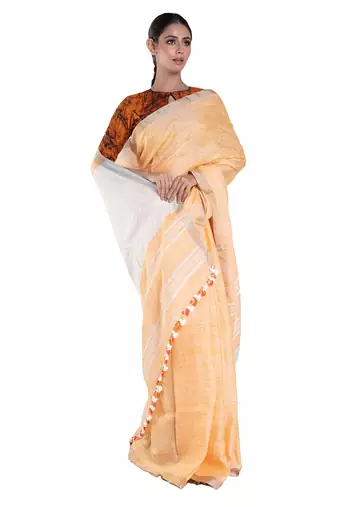 fire yellow handloom linen saree with zari border