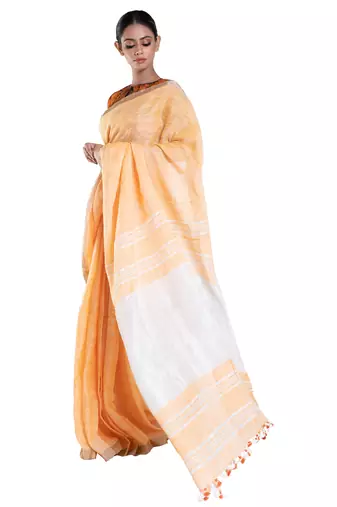 fire yellow handloom linen saree with zari border