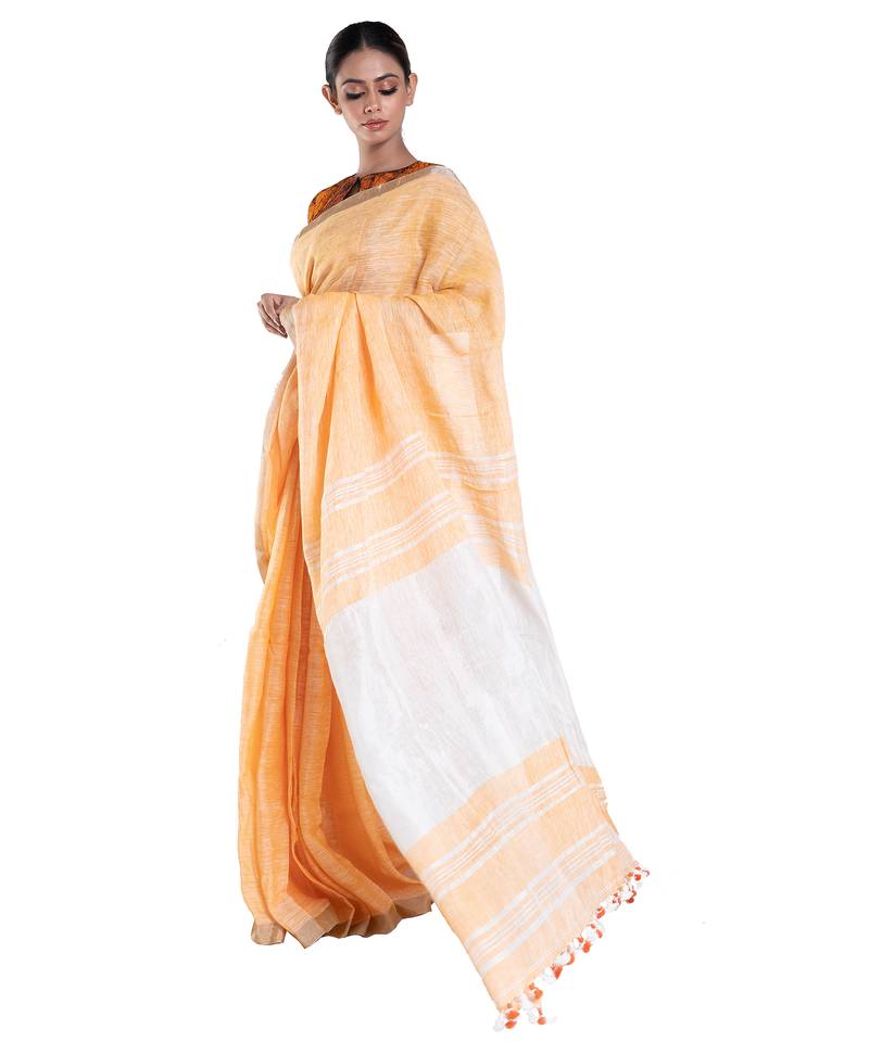 fire yellow handloom linen saree with zari border