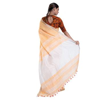 fire yellow handloom linen saree with zari border 3