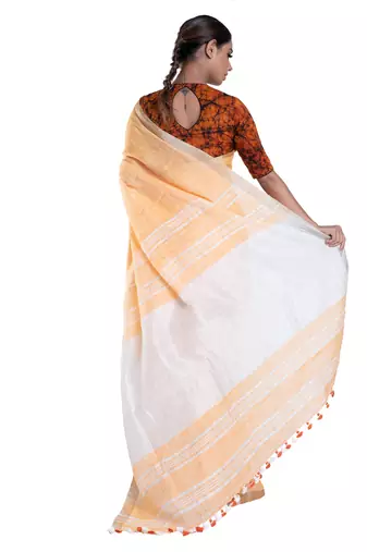 fire yellow handloom linen saree with zari border