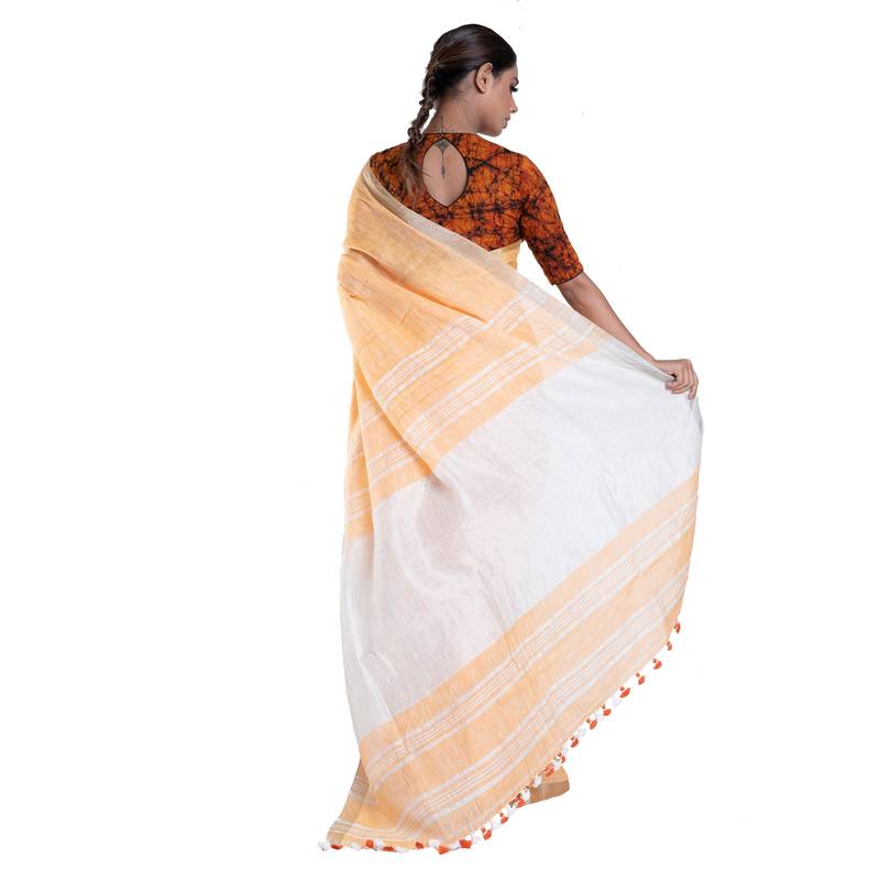 fire yellow handloom linen saree with zari border
