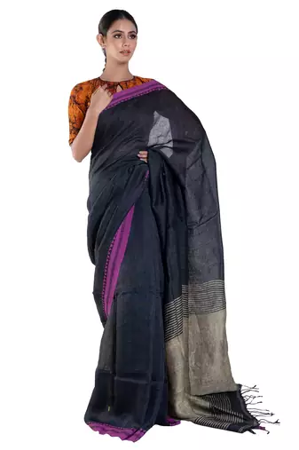 navy blue  handloom linen saree with woven border and pallu