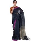 navy blue  handloom linen saree with woven border and pallu