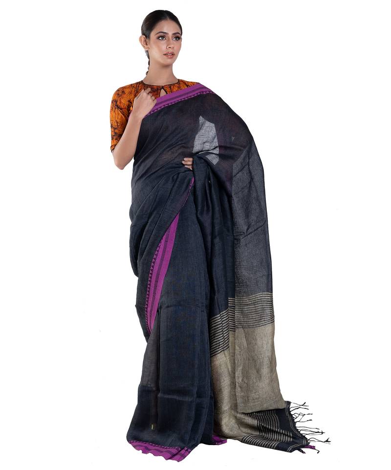 navy blue  handloom linen saree with woven border and pallu
