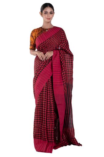 red and black checkered handloom linen saree