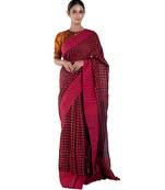 red and black checkered handloom linen saree