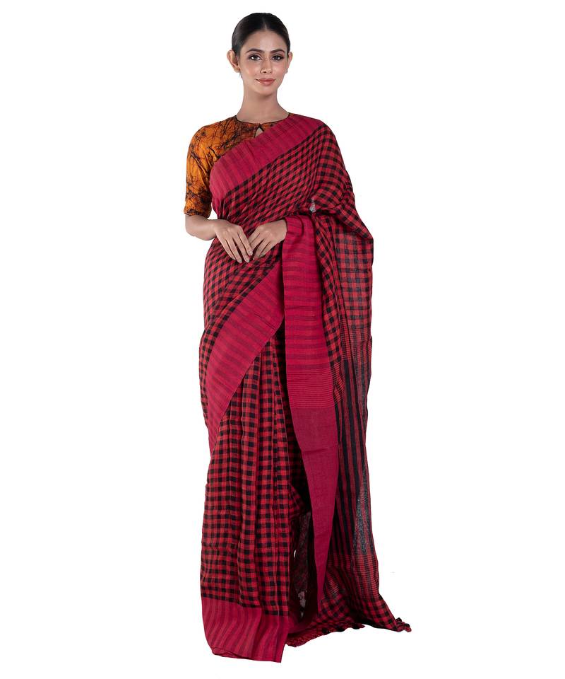 red and black checkered handloom linen saree