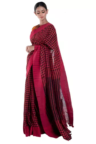 red and black checkered handloom linen saree