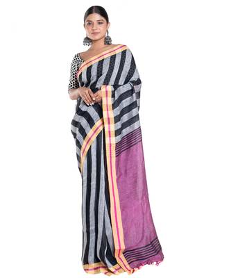 black and grey striped handloom linen saree with contrasting border and pallu 1