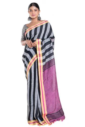 black and grey striped handloom linen saree with contrasting border and pallu