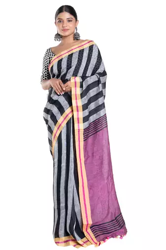 black and grey striped handloom linen saree with contrasting border and pallu