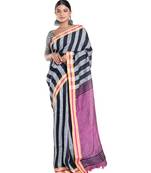 black and grey striped handloom linen saree with contrasting border and pallu