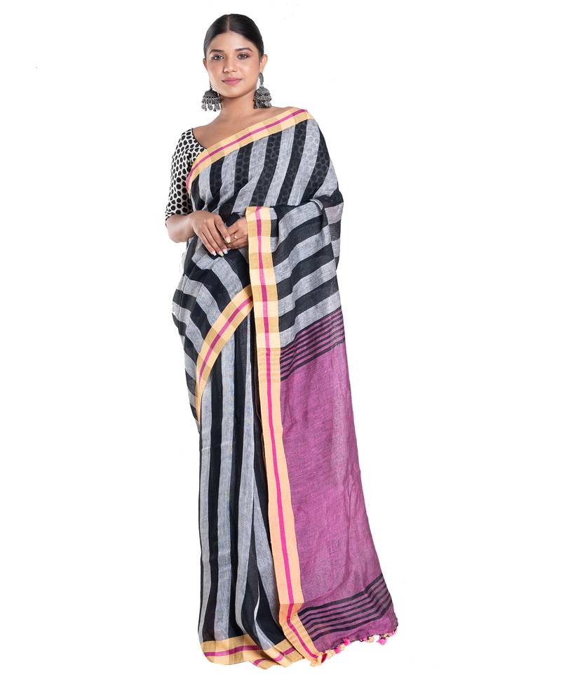 black and grey striped handloom linen saree with contrasting border and pallu