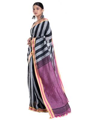 black and grey striped handloom linen saree with contrasting border and pallu 2