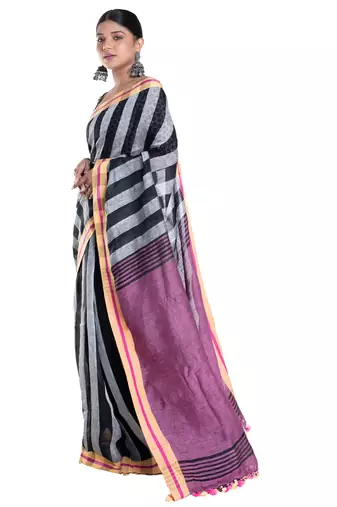 black and grey striped handloom linen saree with contrasting border and pallu