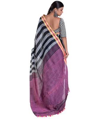 black and grey striped handloom linen saree with contrasting border and pallu 3