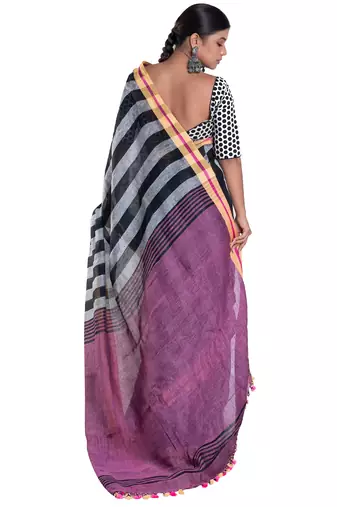 black and grey striped handloom linen saree with contrasting border and pallu