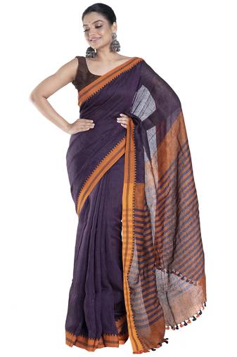 wine handloom linen saree with contrasting border and pallu