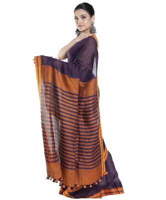 wine handloom linen saree with contrasting border and pallu 2