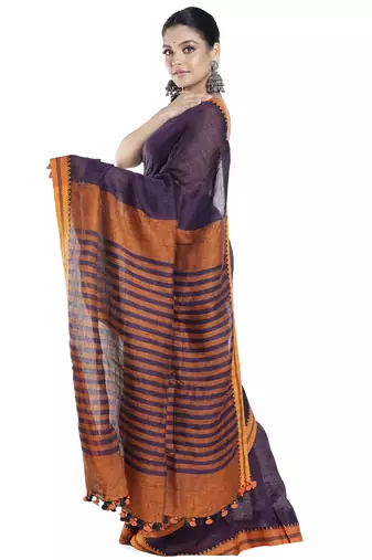 wine handloom linen saree with contrasting border and pallu