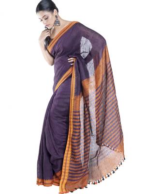 wine handloom linen saree with contrasting border and pallu 3